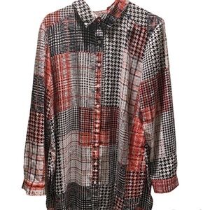 Brina & Em Red, Black, and White Plaid Button Down Ladies Long Top Size Med